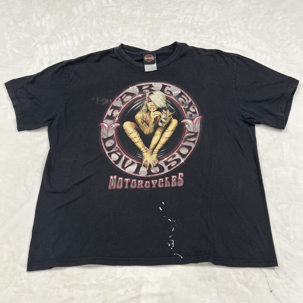Harley Davidson T-Shirt Mens 2XL Black Pinup Girl Black Bear Wytheville VA Tee